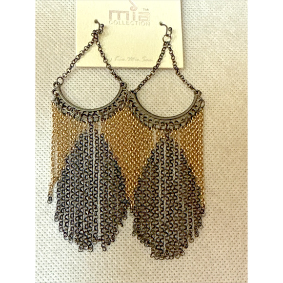 Mia Collection Earrings Metal Fringe Black Gold Wire Drop - Picture 2 of 3